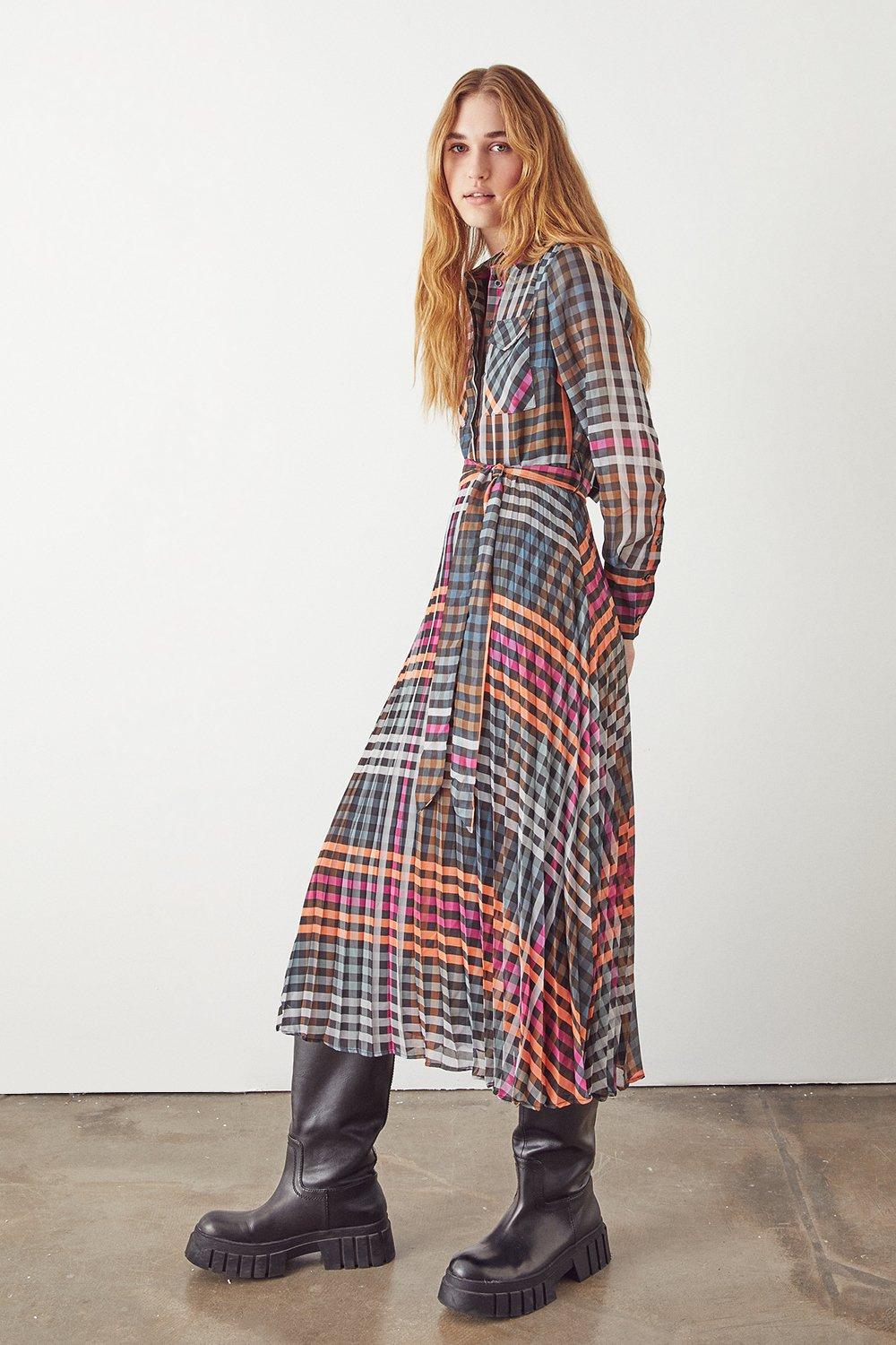 Warehouse check store midi shirt dress