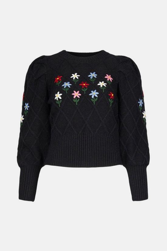 Warehouse Embroidered Floral Diamond Stitch Knit Jumper 4