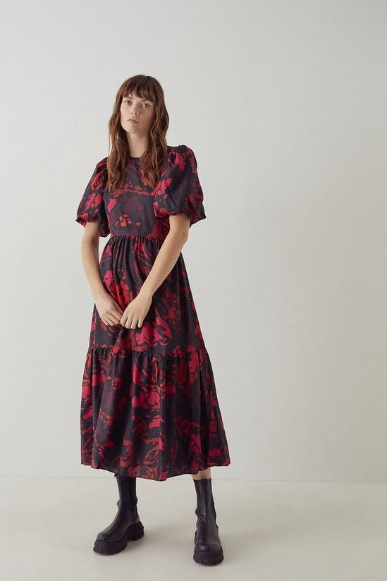 Warehouse Puff Sleeve Tiered Midi Dress In Floral 1