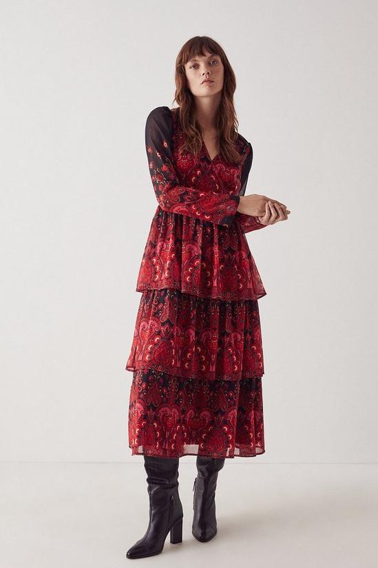 Warehouse Wrap Tiered Midi Dress In Border Print 1