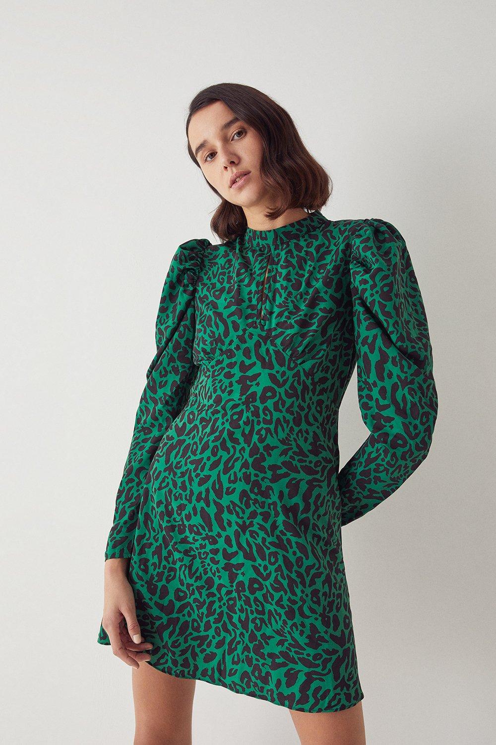 Womens High Neck Long Sleeve Mini Dress In Animal - green