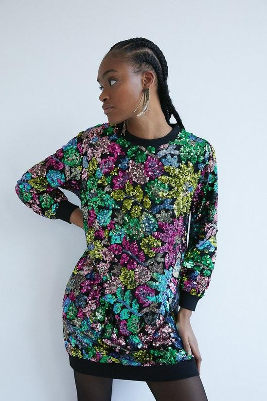 Warehouse Floral Sequin Sweatshirt Dress 1