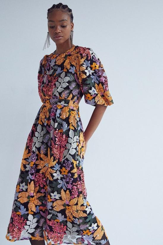 Warehouse Floral Embroidery Sequin Tie Back Midi 1