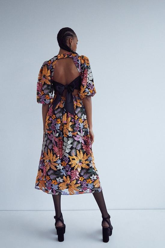Warehouse Floral Embroidery Sequin Tie Back Midi 3