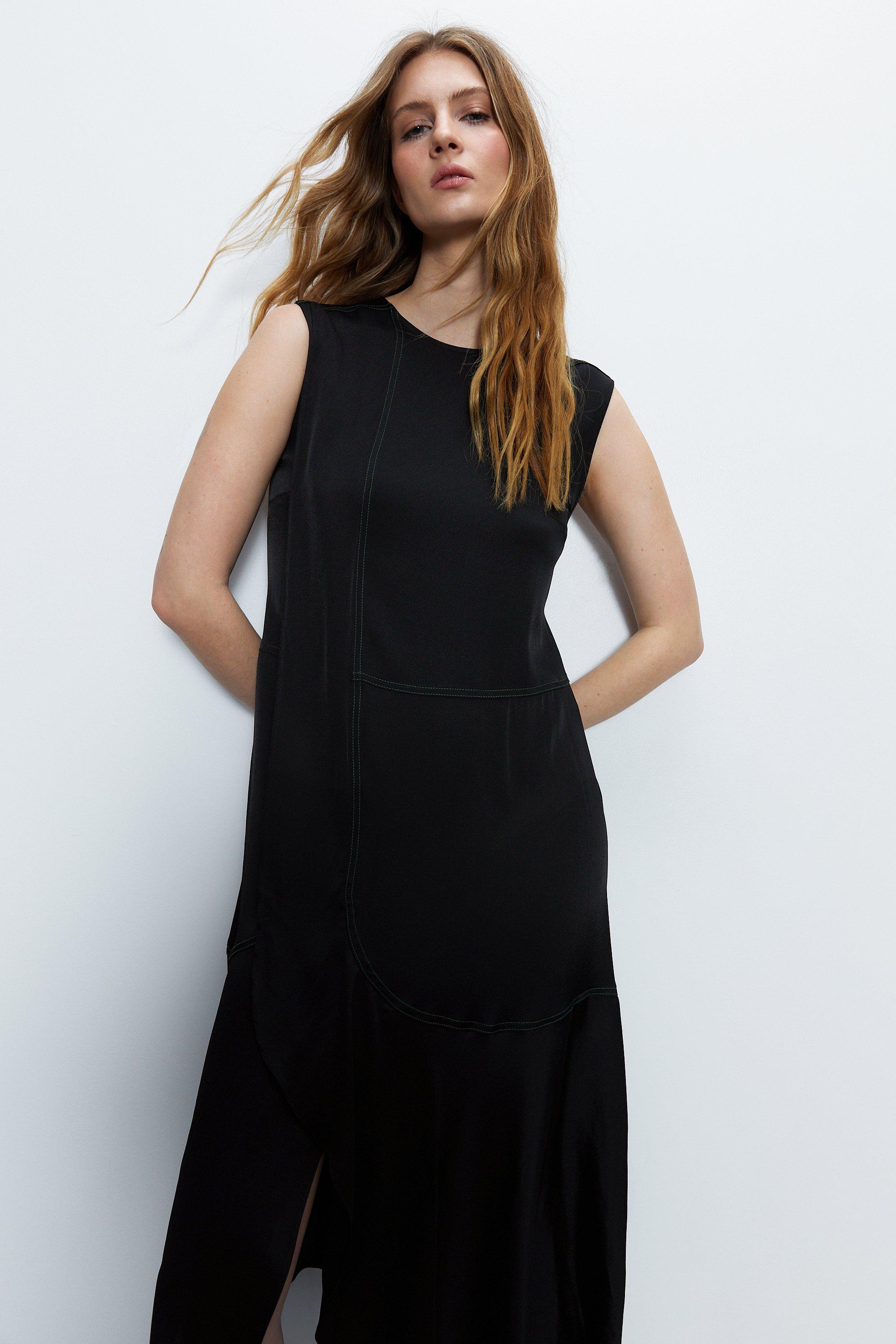 Womens Premium Satin Sleeveless Midi Dress With Frill - black