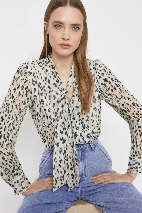 Warehouse Tie Neck Blouse In Coloured Animal 1