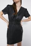 Warehouse Faux Leather Puff Sleeve Wrap Belted Dress thumbnail 1
