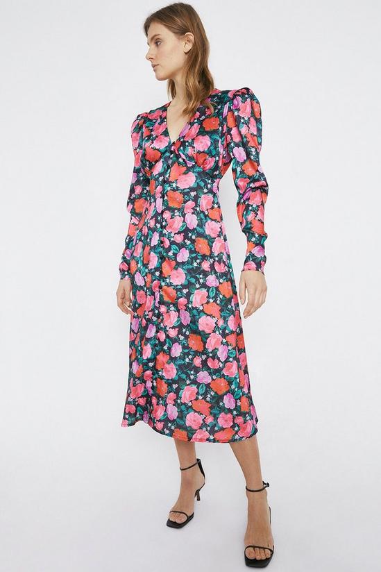 Warehouse Rose Print Puff Sleeve Button Front Midi Dress 1
