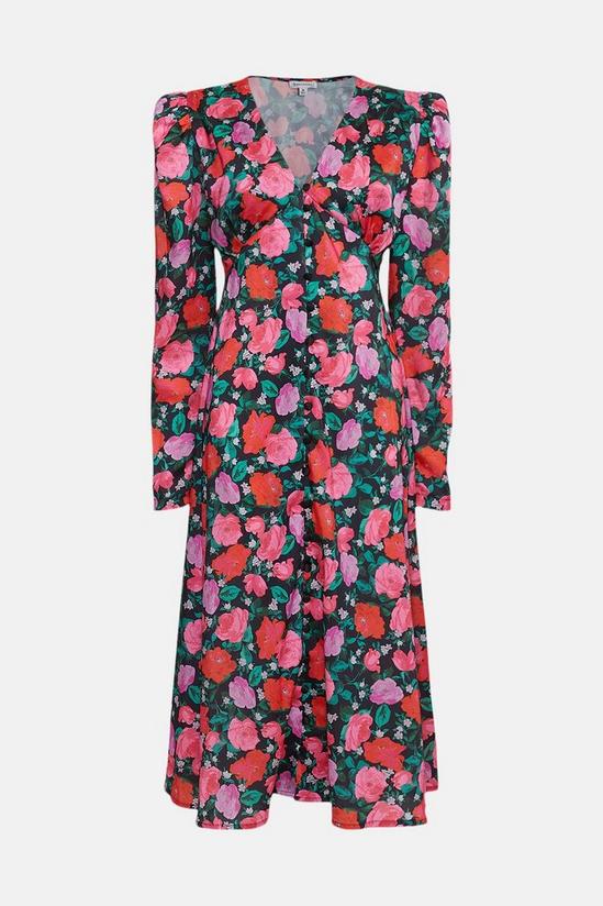 Warehouse Rose Print Puff Sleeve Button Front Midi Dress 4