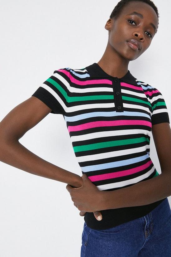 Warehouse Multi Stripe Puff Sleeve Knitted Polo 1
