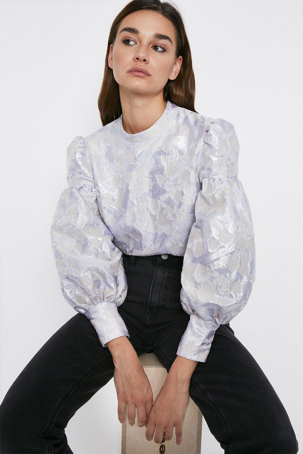 Tops | Jacquard Puff Sleeve Top | Warehouse