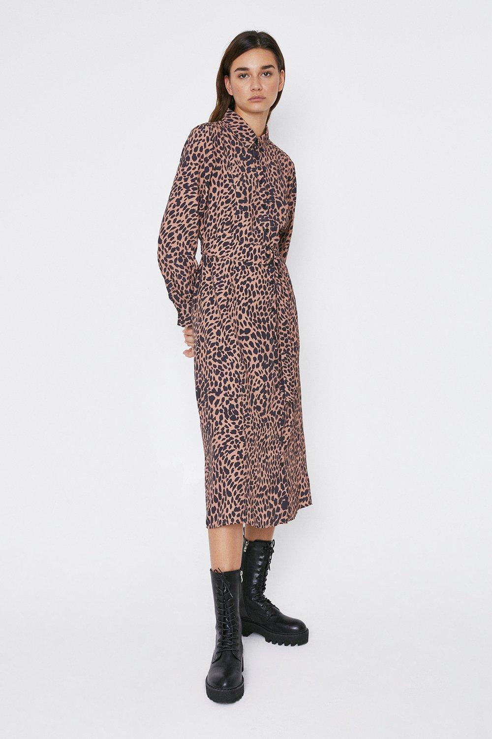 Warehouse leopard print 2024 midi shirt dress