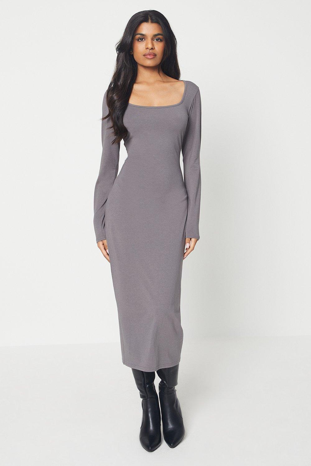 Dresses | Petite Soft Touch Long Sleeve Square Neck Midi Dress | Oasis