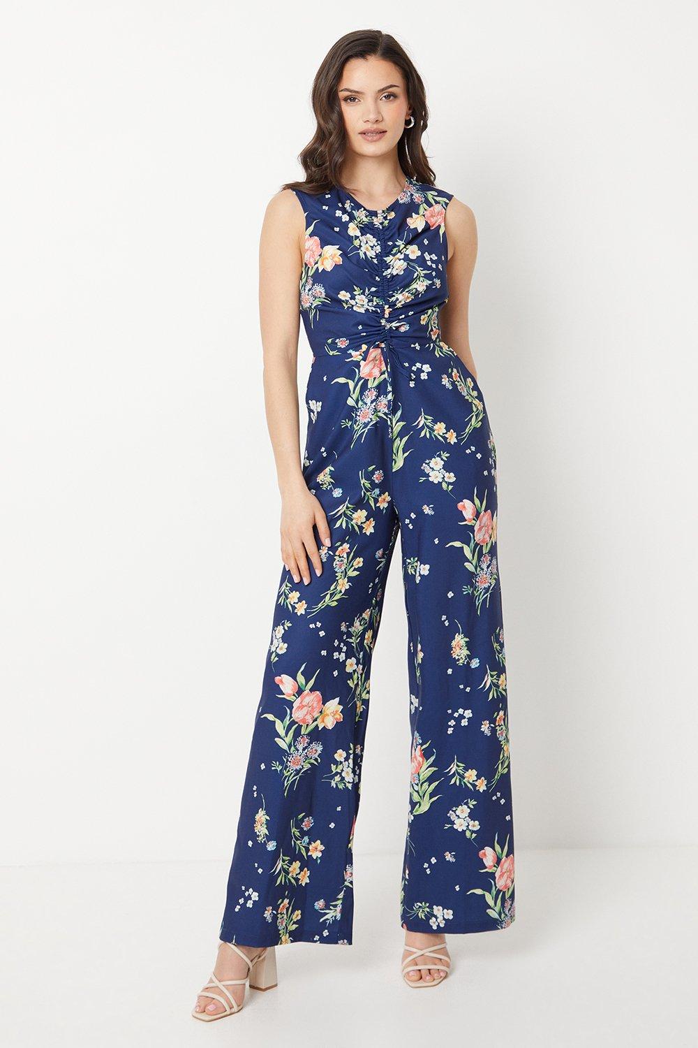 Jumpsuits | Floral Poly Moss Crepe Ruched Front Wide Leg Jumpsuit | Oasis