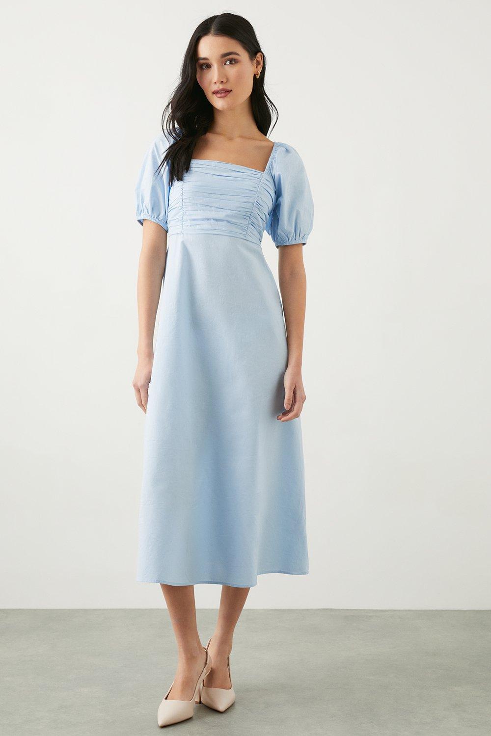 Dresses | Petite Blue Poplin Ruched Midi Dress | Dorothy Perkins