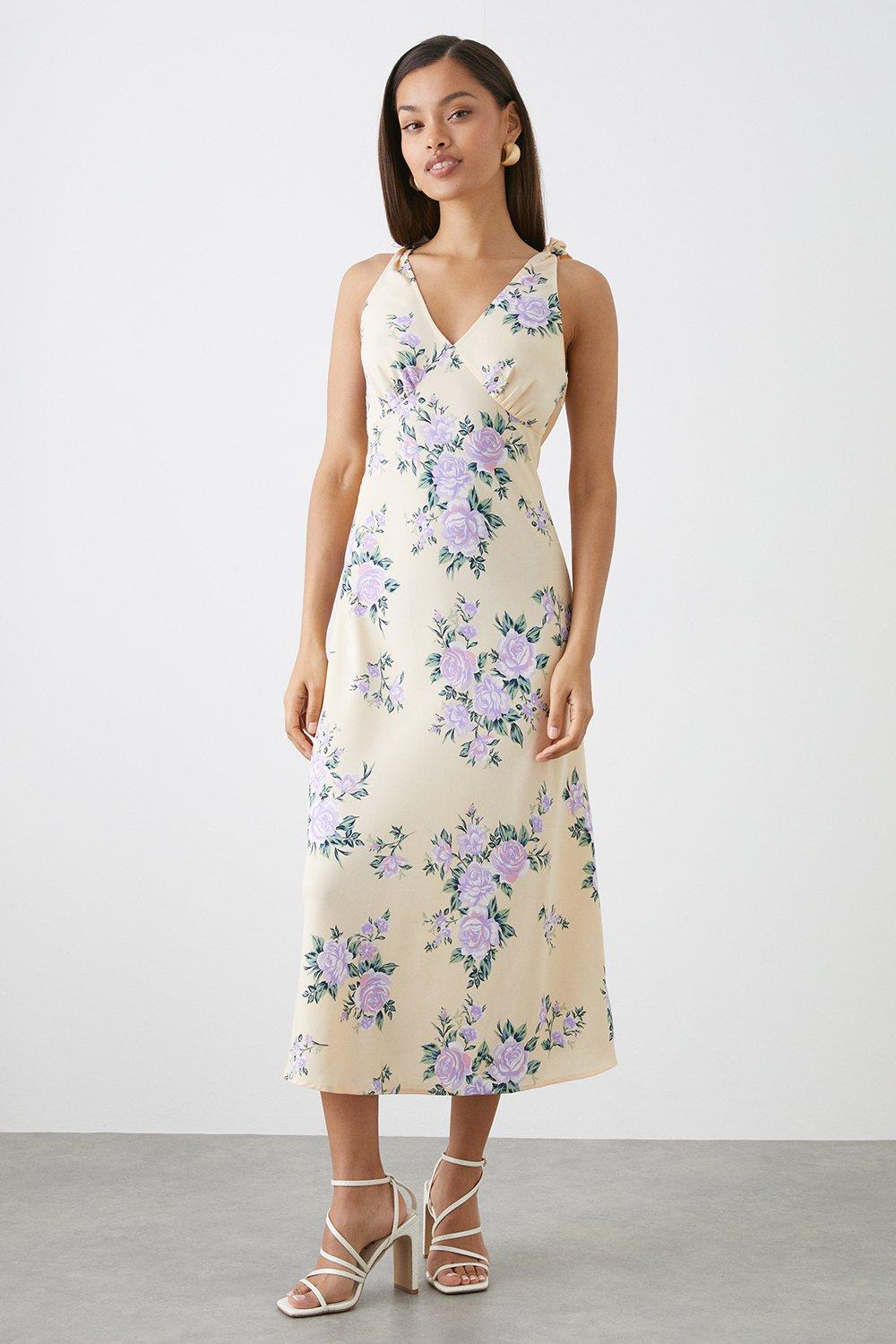 Dresses | Petite Purple Print Bias Cut Tie Shoulder Midi Dress ...