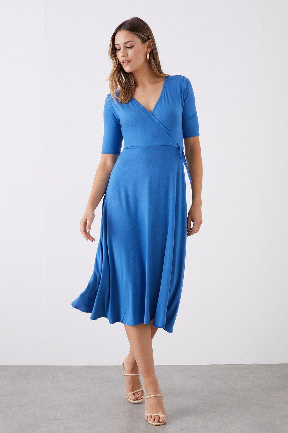 Dresses | Blue Wrap Short Sleeve Midi Dress | Dorothy Perkins