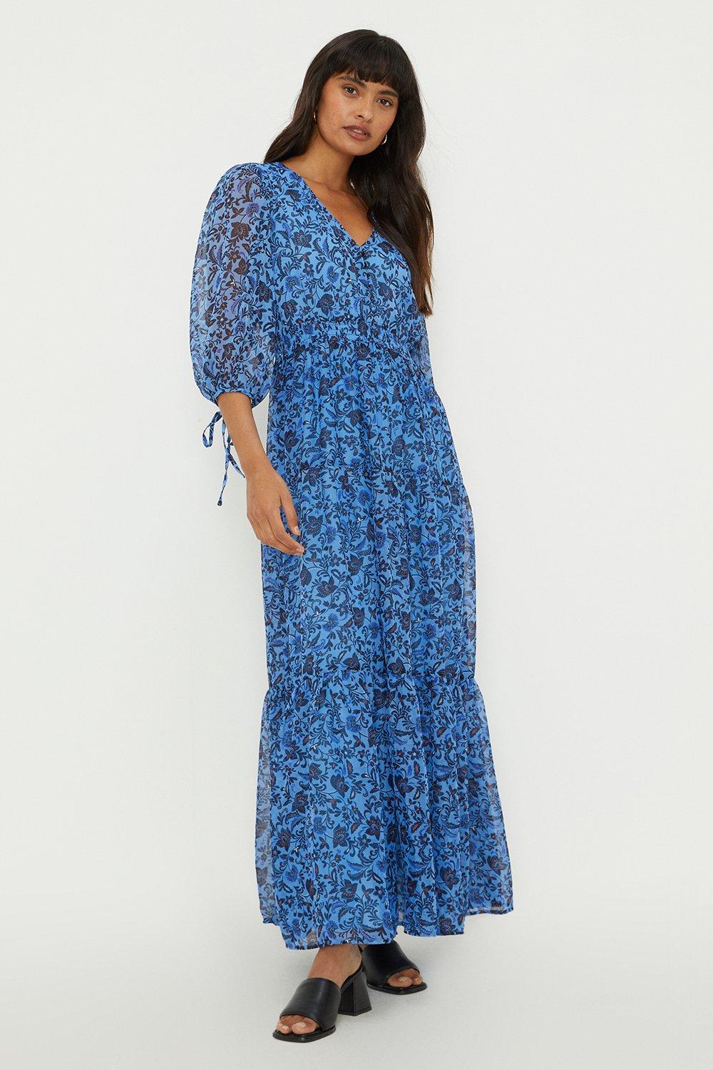 Dresses | Dobby Blue Print Chiffon Button Front Maxi Dress | Dorothy Perkins