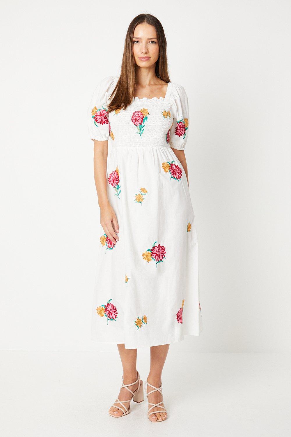 Dresses | Embroidered Poplin Shirred Bodice Midi Dress | Dorothy Perkins