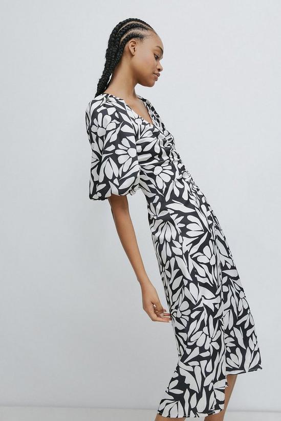 Warehouse Satin Puff Sleeve Ruched Midi Dress In Floral 1