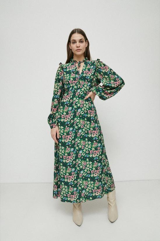 Warehouse Woven Tie Neck Midi Tea Dress In Floral 1