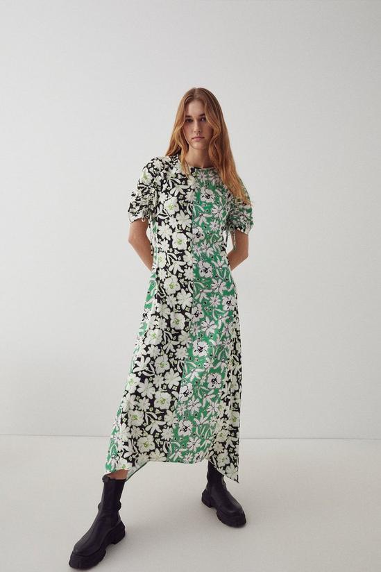 Warehouse Satin Ruched Splice Midi Dress In Floral 2