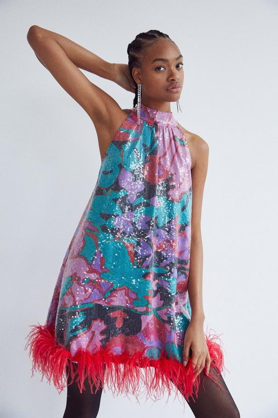 Warehouse Floral Sequin Halter Neck Feather Mini Dress 1