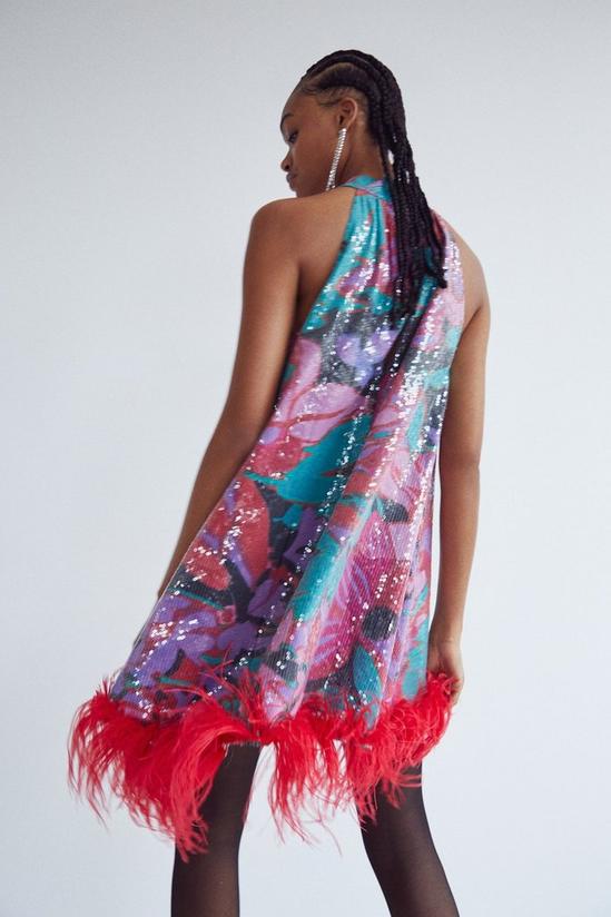Warehouse Floral Sequin Halter Neck Feather Mini Dress 3