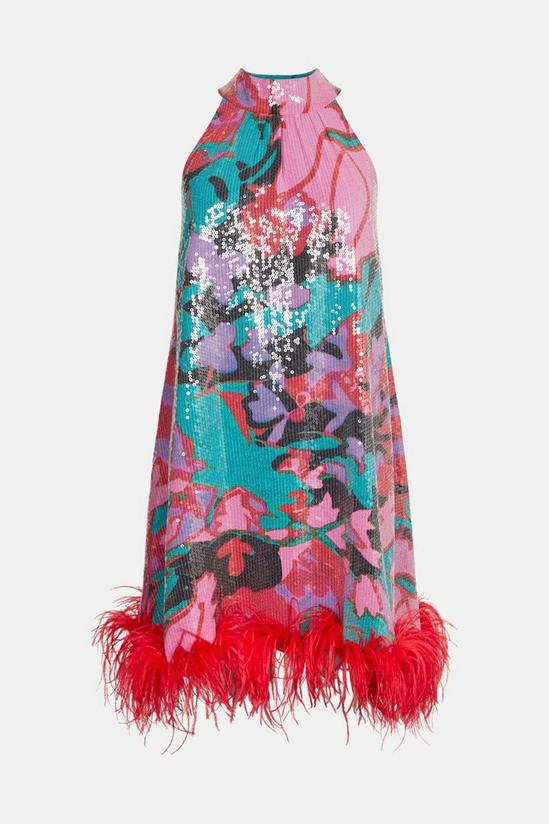 Warehouse Floral Sequin Halter Neck Feather Mini Dress 5