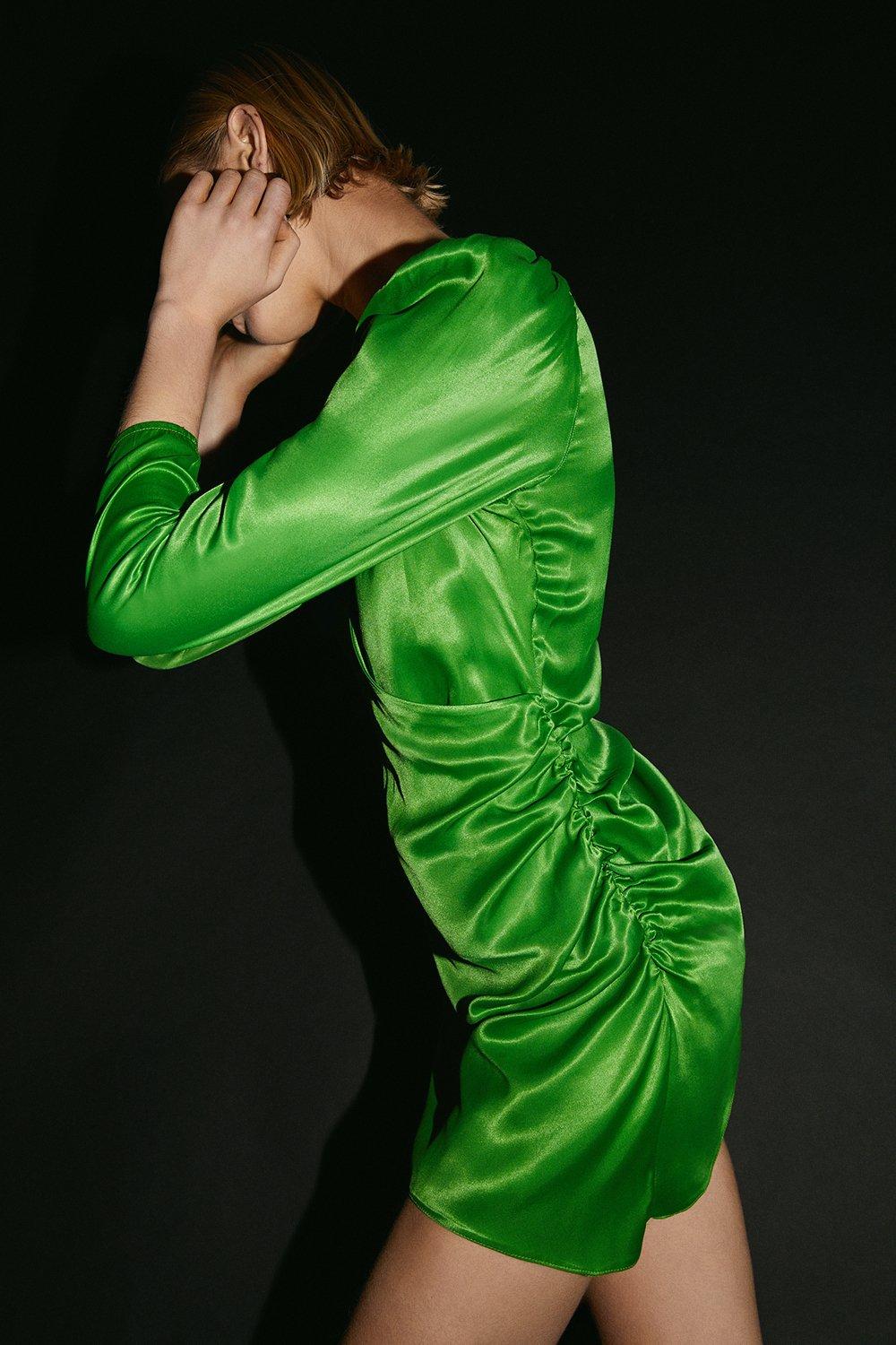 Womens Satin Long Sleeve Wrap Mini Slip Dress - green