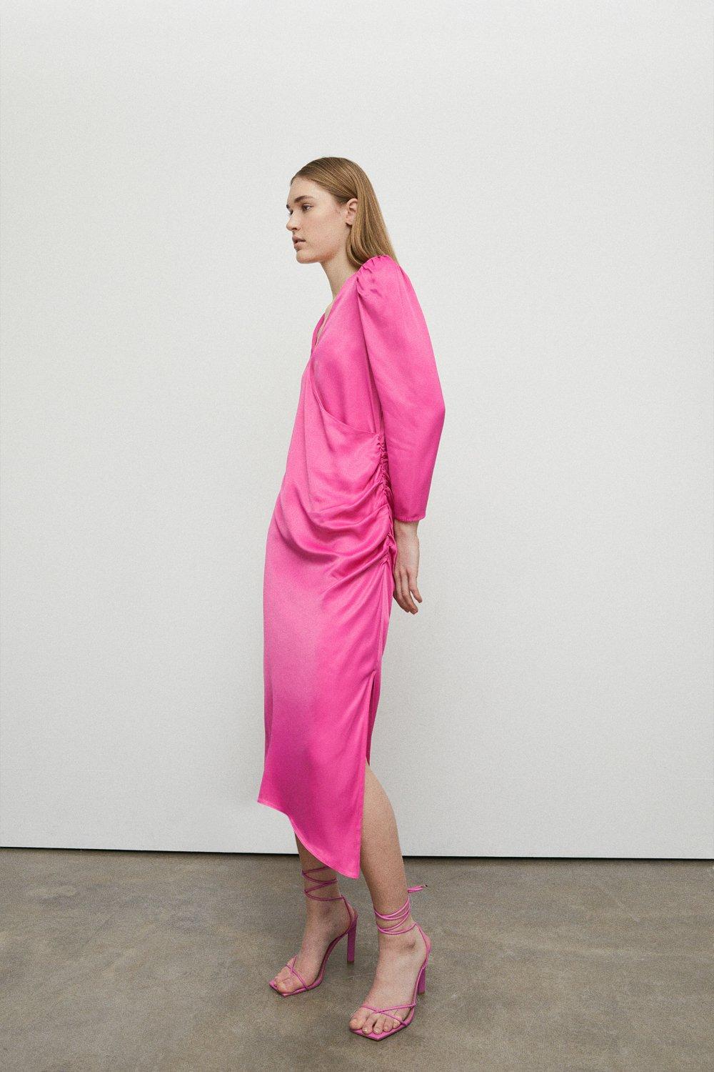 Womens Satin Long Sleeve Wrap Midi Slip Dress - pink