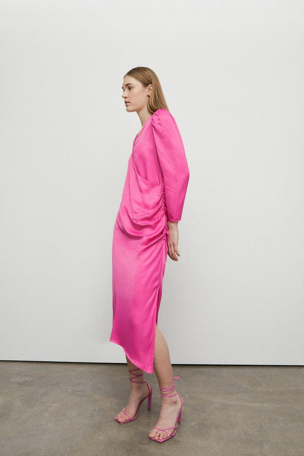 Womens Petite Satin Long Sleeve Wrap Midi Slip Dress - pink
