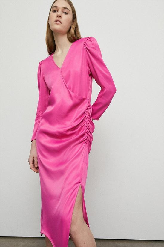 Warehouse Petite Satin Long Sleeve Wrap Midi Slip Dress 2