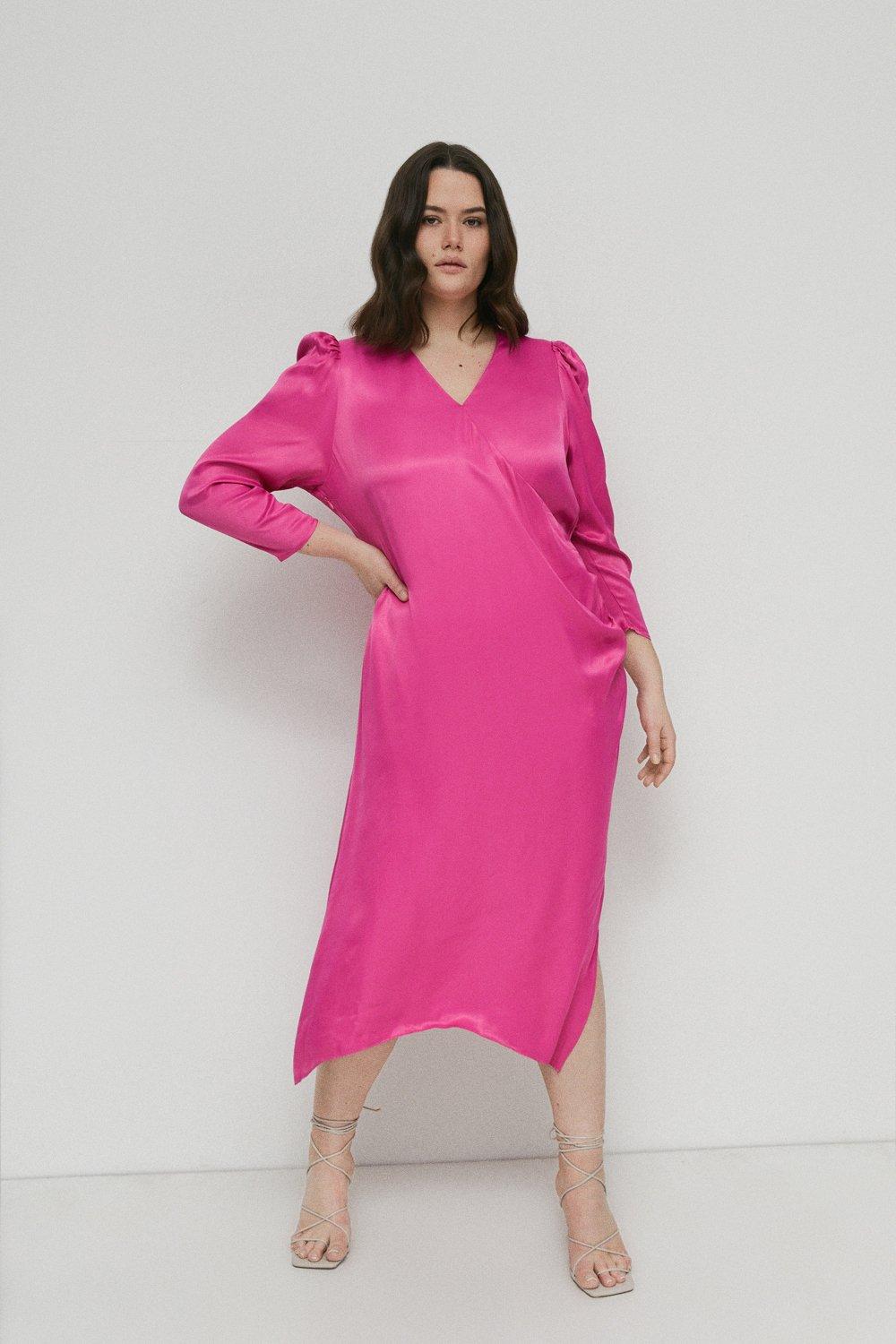 Womens Plus Size Satin Long Sleeve Wrap Midi Slip Dress - pink