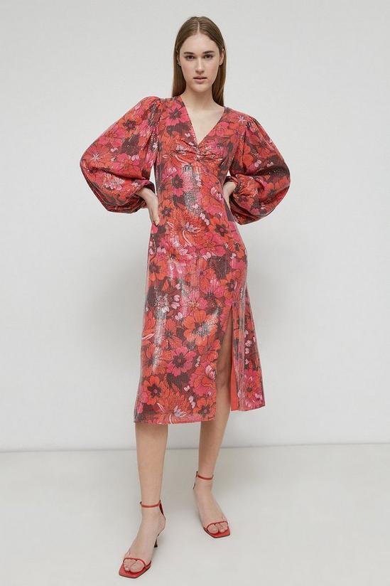Warehouse Printed Sequin V Neck Midi Dress In Floral 2