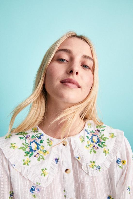 Warehouse Floral Embroidered Collar Detail Shirt 2