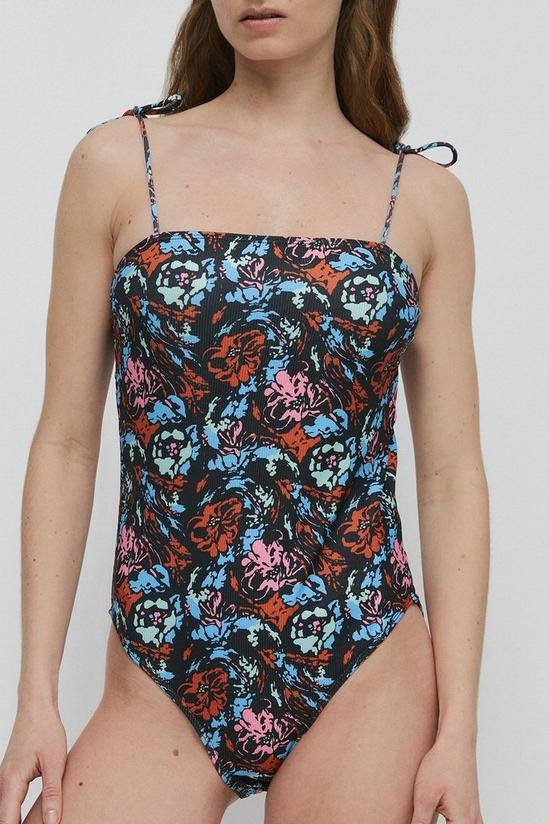 Warehouse Abstract Floral Ribbed Tie Shoulder Swimsuit 1