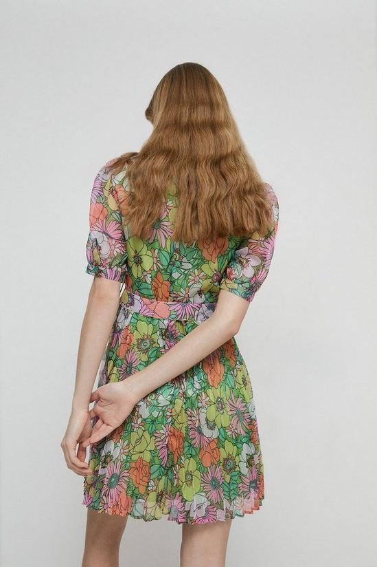 Warehouse Short Sleeve Belted Pleated Mini Dress In Floral 3