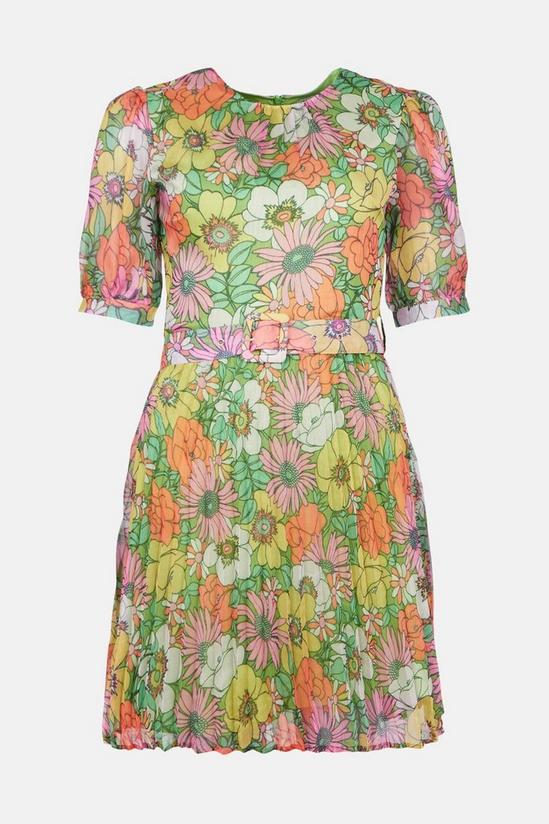 Warehouse Short Sleeve Belted Pleated Mini Dress In Floral 4
