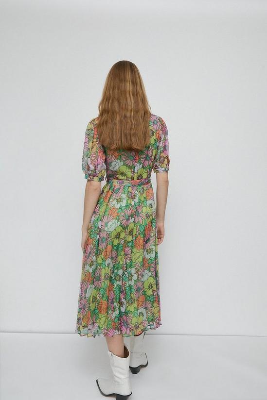 Warehouse Short Sleeve Belted Pleated Midi Dress In Floral 3