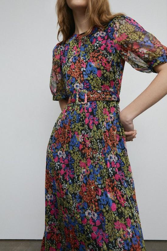 Warehouse Petite Belted Pleated Midi Dress In Floral 1