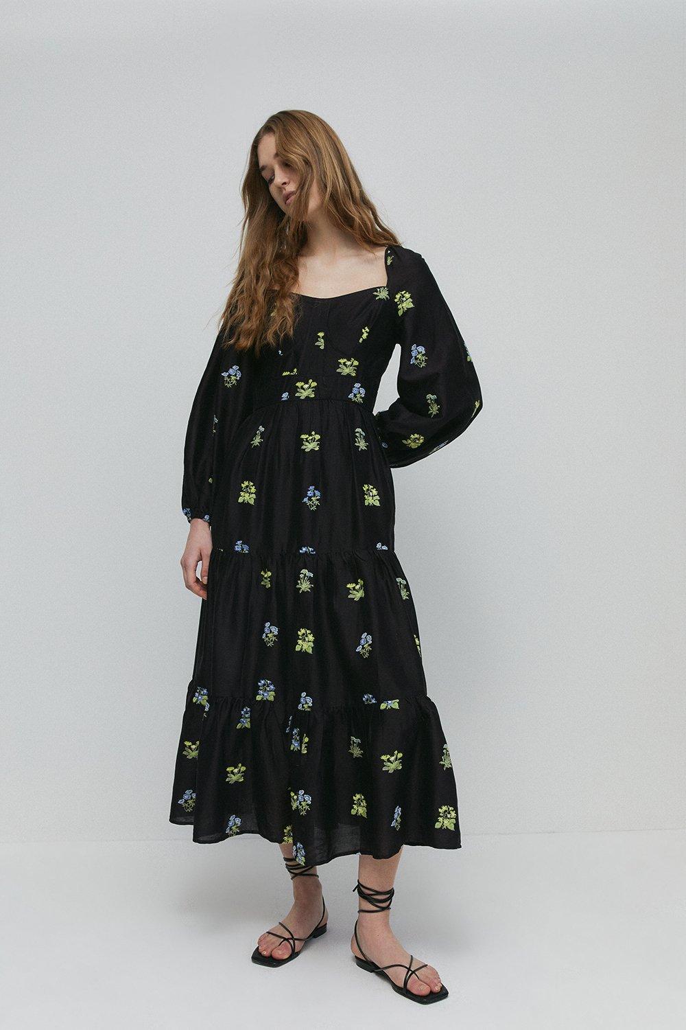 Womens Petite Embroidery Tiered Maxi Dress - black