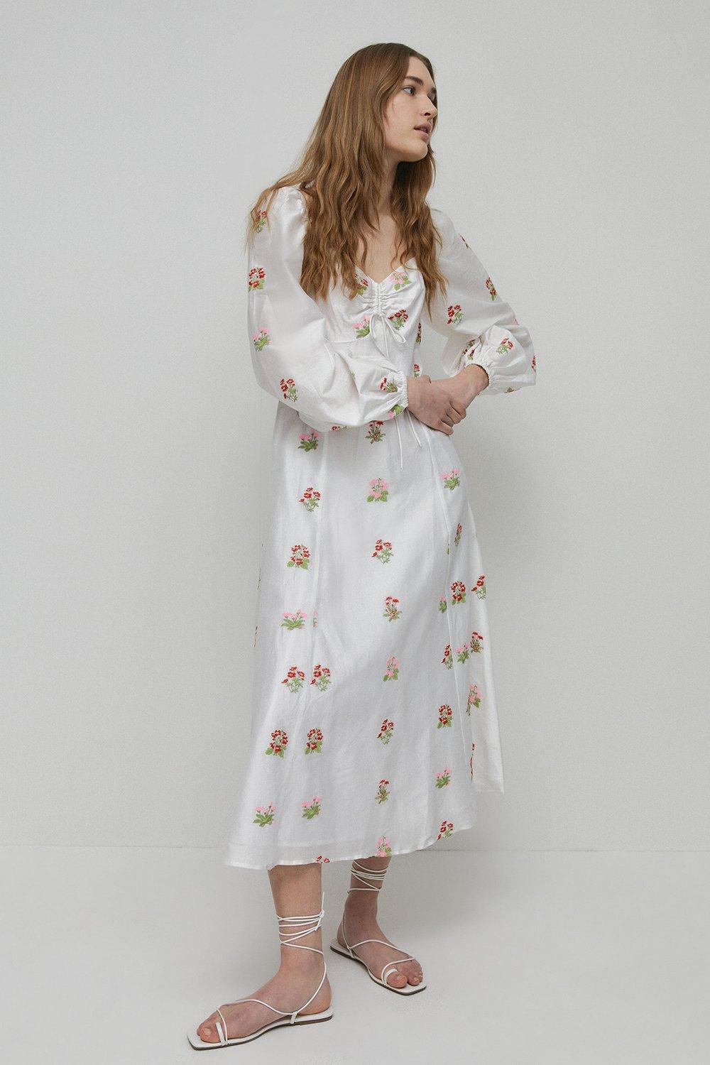 Womens Petite Embroidery  Midi Dress - white