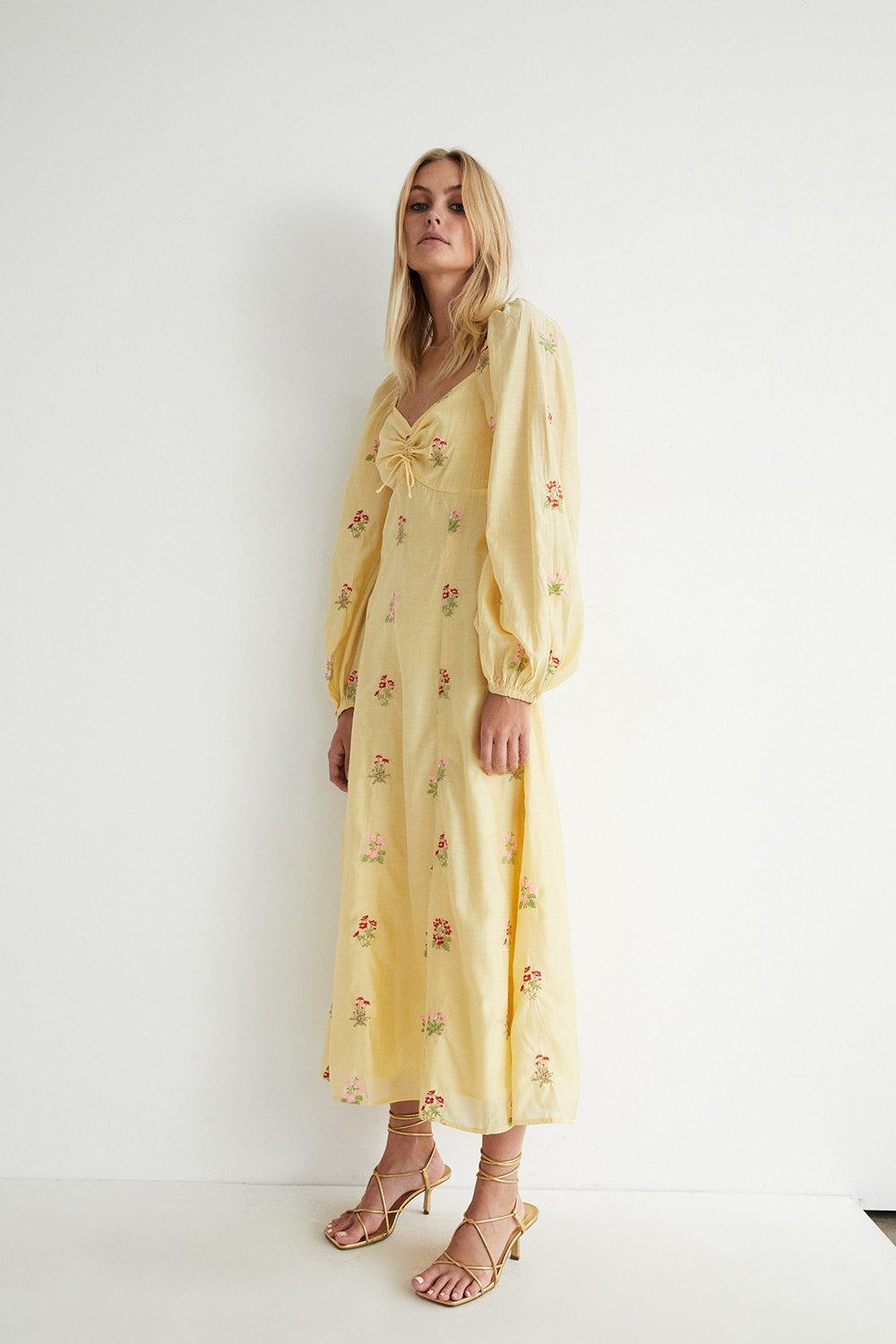 Womens Petite Embroidery  Midi Dress - yellow