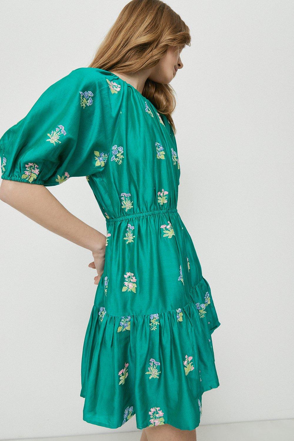 Womens Embroidery Puff Sleeve Mini Dress - green