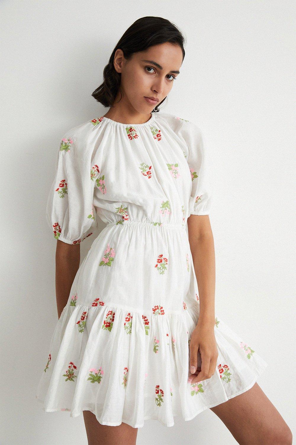 Womens Embroidery Puff Sleeve Mini Dress - white