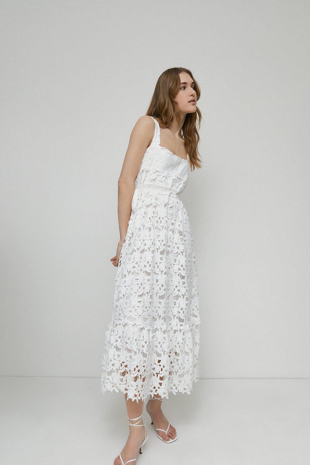 Womens Lace Strappy Square Neck Midi Dress - white