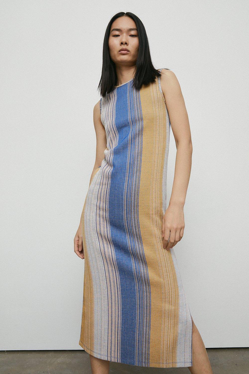 Womens Vertical Stripe Sleeveless Midi Dress - multi