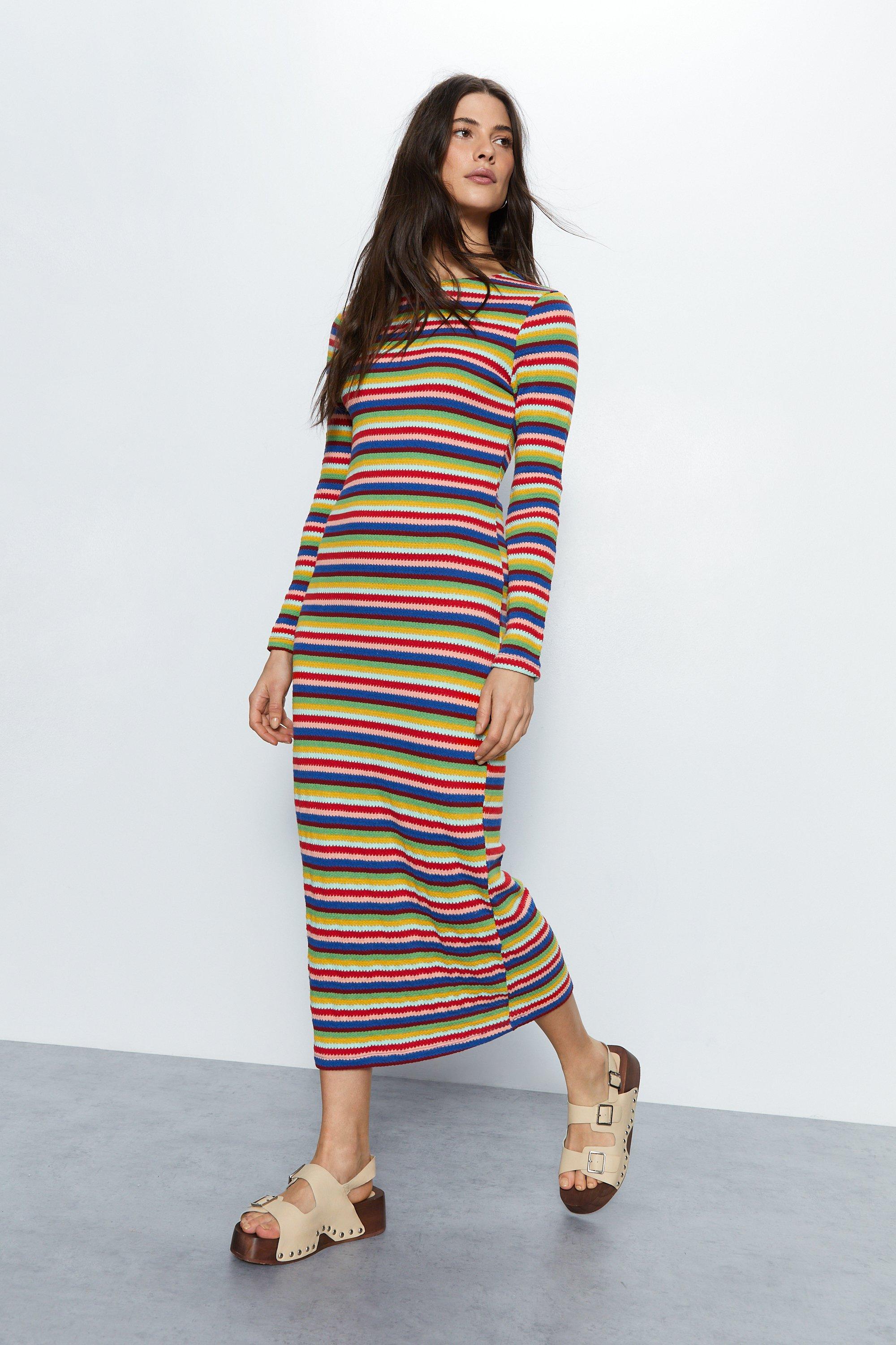 Dresses Long Sleeve Textured Rainbow Stripe Dress Warehouse