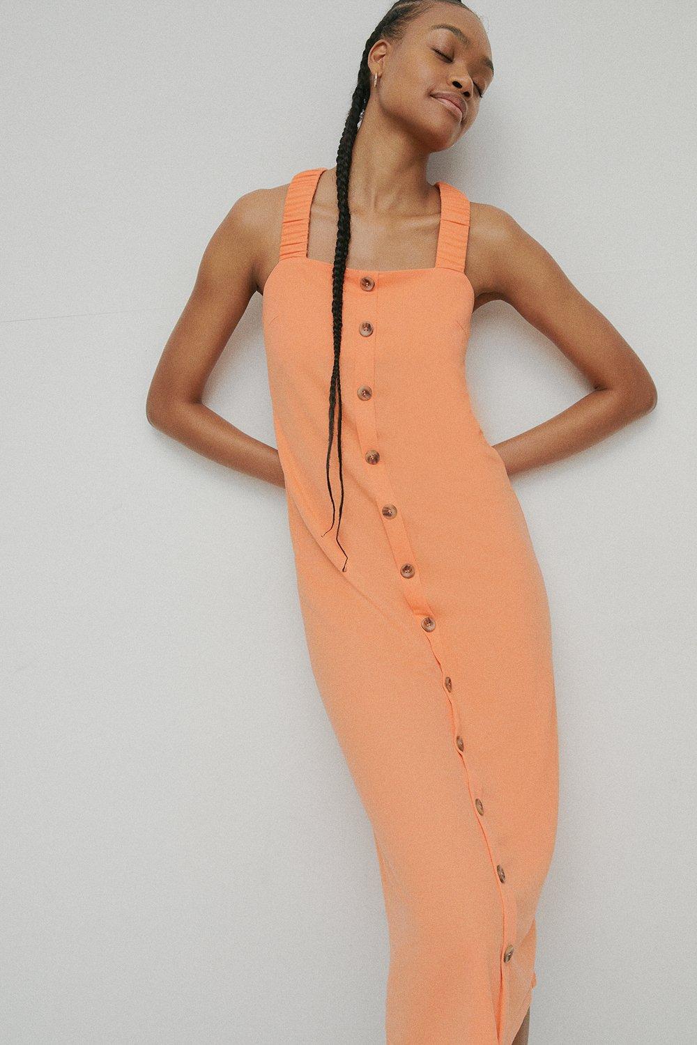 Womens Pique Ruched Strap Midi Dress - orange